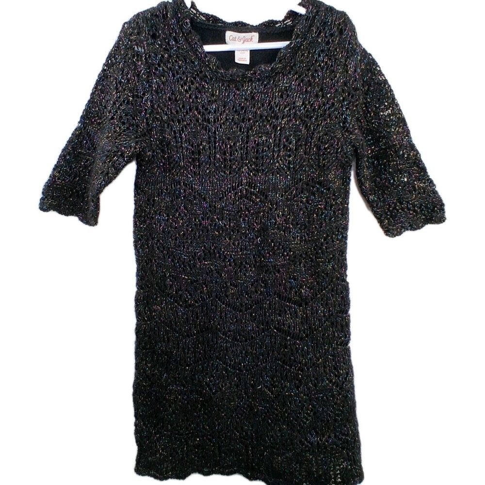 Girls Cat & Jack Black Sparkly Knit Dress Size XS (4-5) Holiday Formal Party